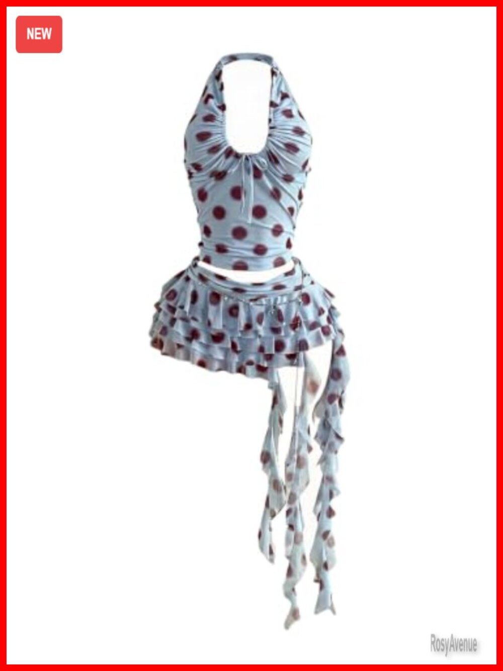 2 Piece Skirt Set Polka Dots Halter Crop Top Ruffle A Line Mini Skirt Y2K